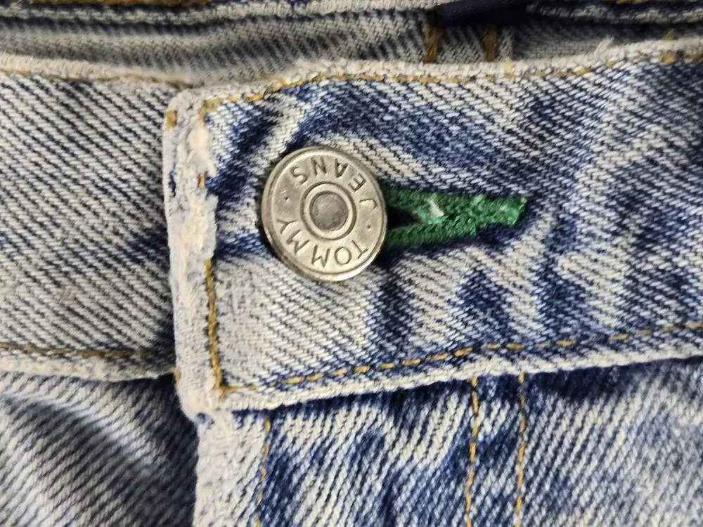 Vintage 90s Tommy Hilfiger Shorts Mens 33 Blue Denim Distressed Cutoff Jorts